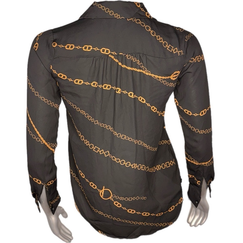 Ann Taylor | Black and Gold Chain Print Quarter Button Blouse - Picture 5 of 11